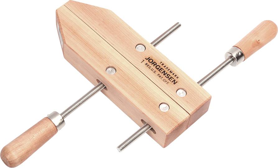 Houten schroefklem met twee handgrepen en metalen spindels, merknaam 'Jorgensen' aan de zijkant gegraveerd.