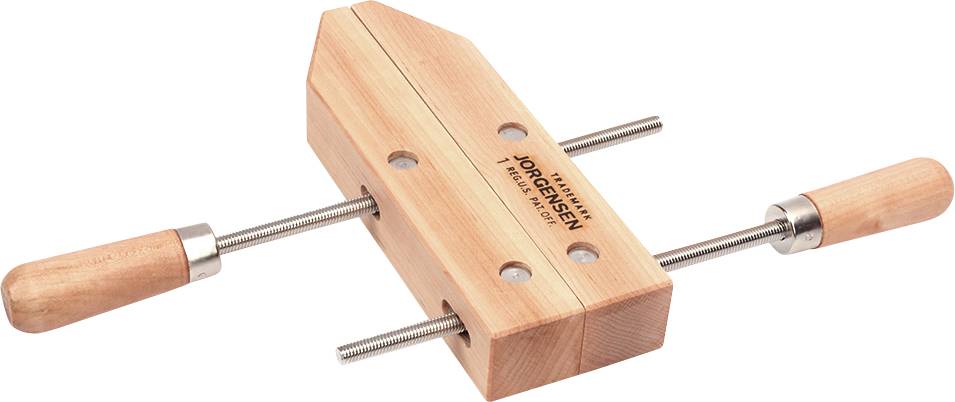 Houten schroefklem met twee handgrepen, gebruikt voor het vastzetten en vasthouden van werkstukken bij houtbewerking. Merknaam op de klem.