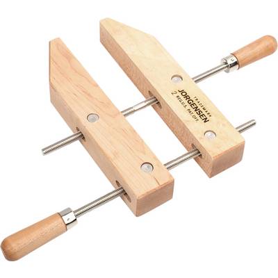 Twee houten knelschroeven met metalen spindels en houten handgrepen, die worden gebruikt voor het vastklemmen van werkstukken bij houtbewerking.