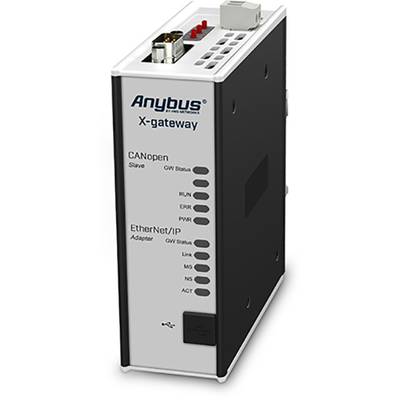 De afbeelding toont een Anybus X-gateway-apparaat dat CANopen- en EtherNet/IP-protocollen met elkaar verbindt. Er zijn statusaanduidingen en aansluitingen zichtbaar.