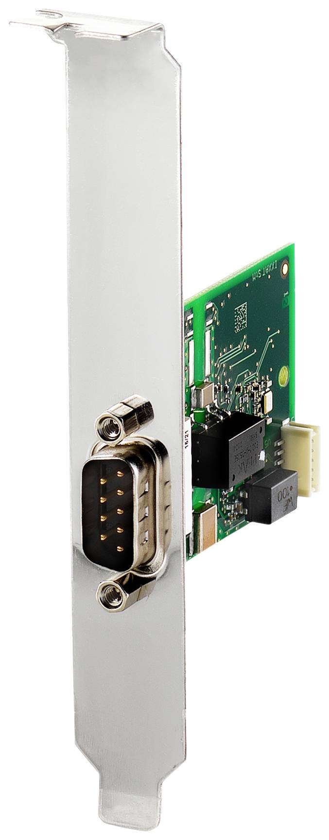 Een groene computerstekkaart met een RS-232-aansluiting, gemonteerd op een metalen beugel.