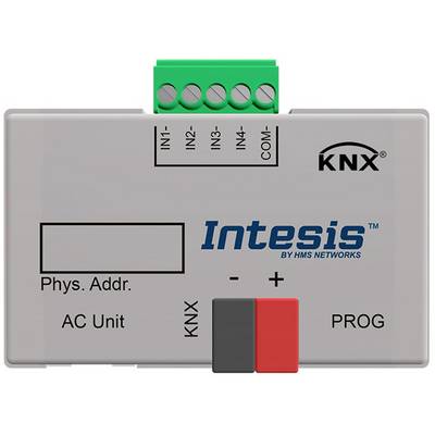 Een KNX-module van Intesis met aansluitingen voor 'IN1' tot 'IN4', 'KNX' en 'PROG'. De module heeft een fysiek adres en is bedoeld voor AC-eenheden.