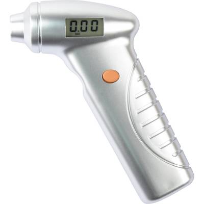 Een zilveren, handmatig digitaal manometer met een drukknop en een display dat '0.00' weergeeft.