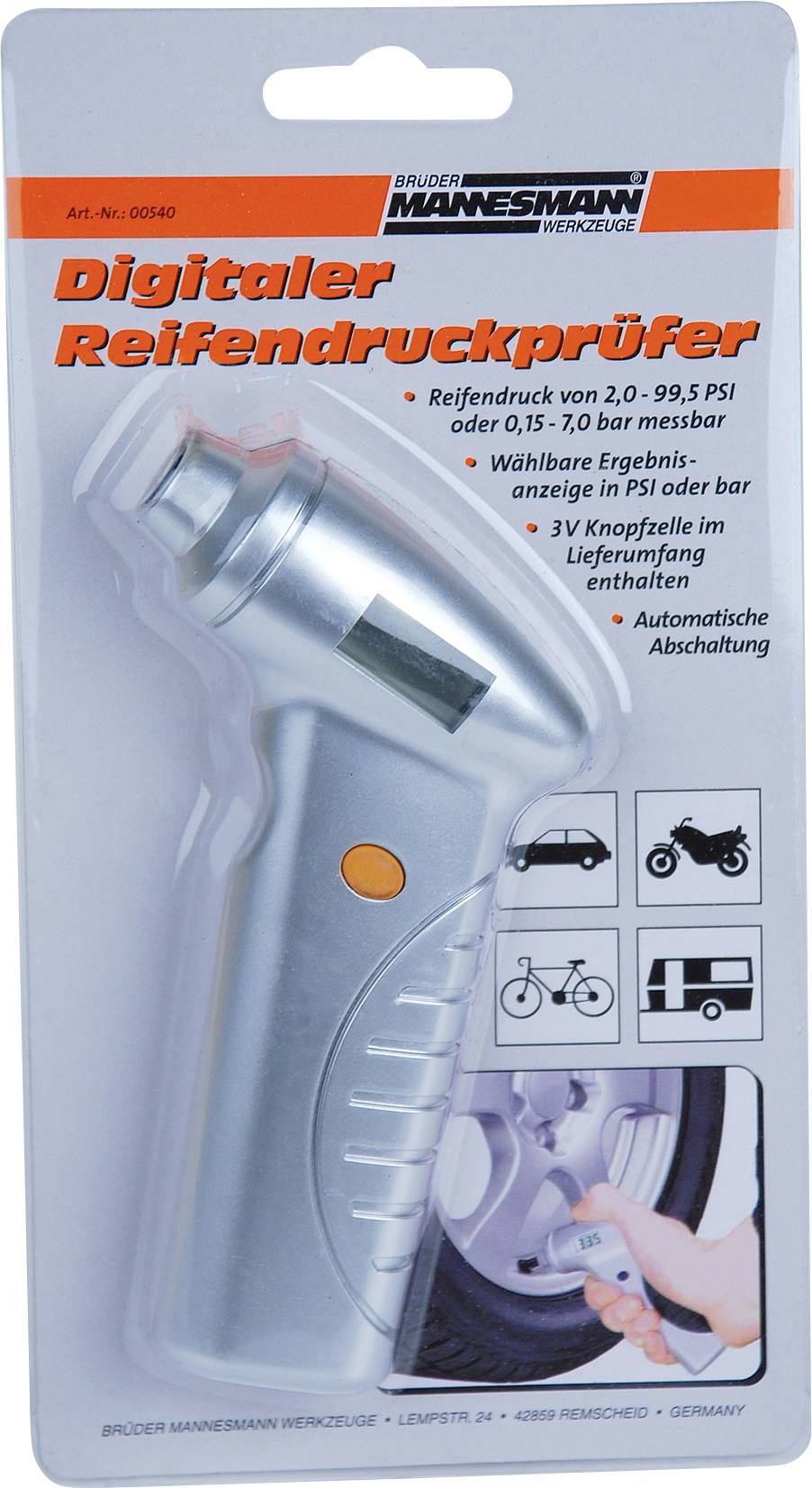 Digitale bandenspanningsmeter in verpakking. Meet bandenspanning van 0,15-7,0 bar. Bevat twee knoopbatterijen. Automatische uitschakeling.