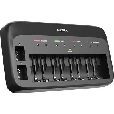 Een lader met acht oplaadsleuven voor batterijen. Het beschikt over LED-indicatoren voor 'Laden', 'Gereed', 'Fout' en 'Batterijstatus'.