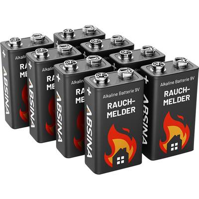 'Negen 9V-alkaline batterijen met opdruk ROOKMELDER, geschikt voor rookmelders, gerangschikt in drie rijen.'