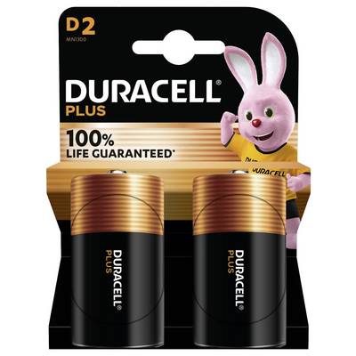Verpakking van 'Duracell Plus' D2-batterijen met het Duracell-konijntje. De tekst stelt '100% Levensduur Gegarandeerd'.
