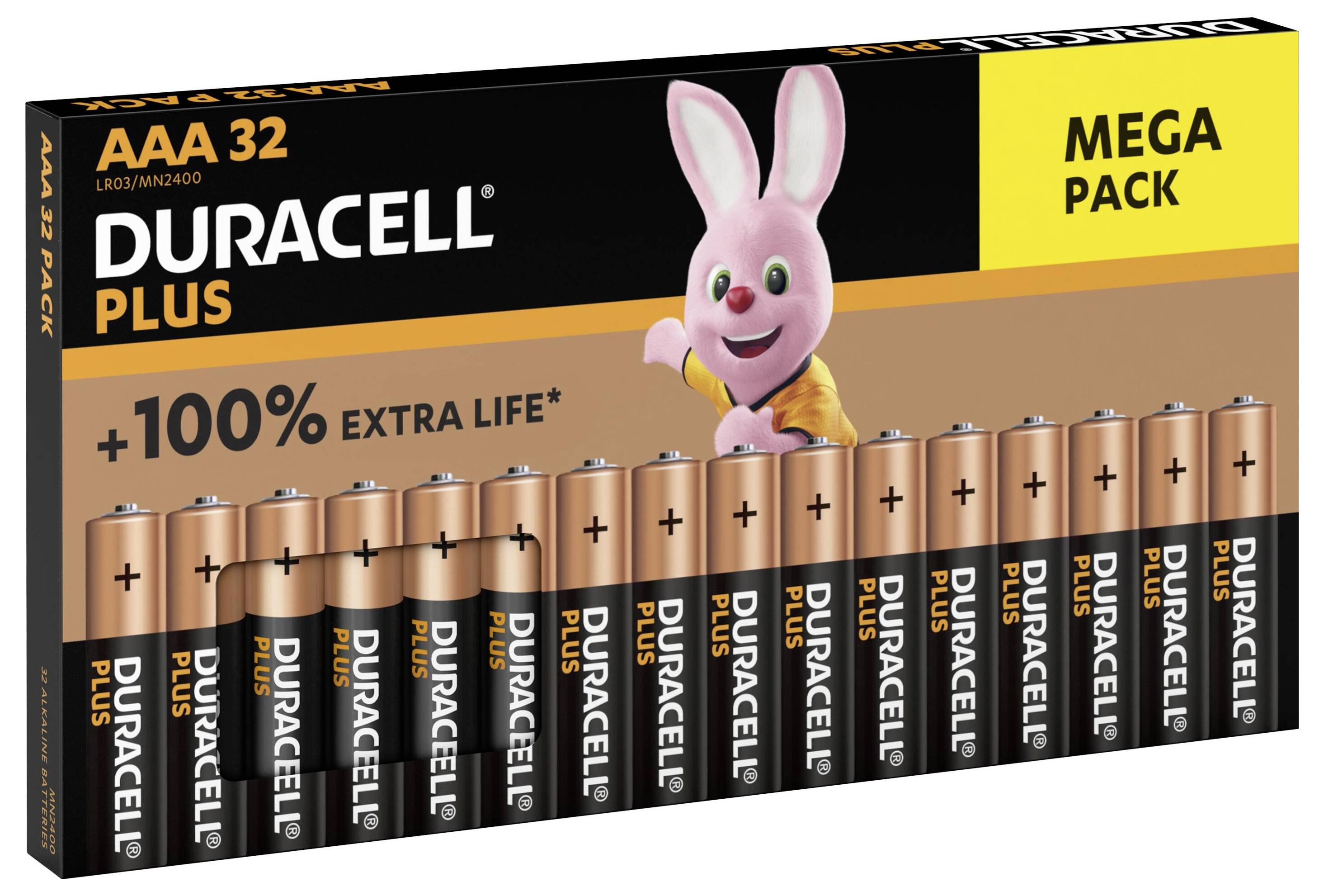 'Mega Pack' van 32 Duracell Plus AAA-batterijen met mascotte en '+100% Extra levensduur'-claim.