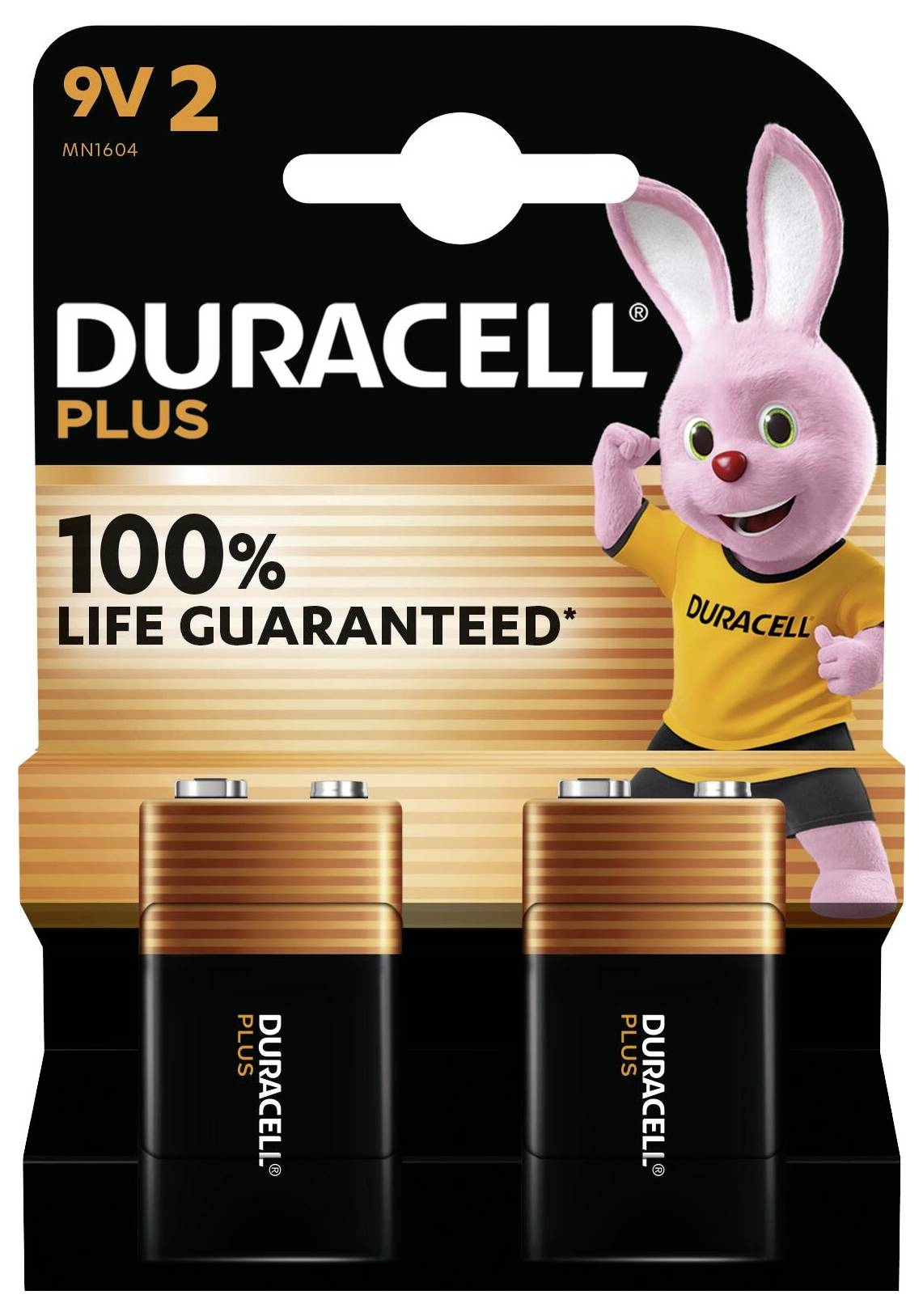 Twee Duracell Plus 9V batterijen in verpakking, met een roze konijnmascotte en de tekst '100% LIFE GUARANTEED'.