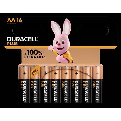 Een verpakking van Duracell Plus AA-batterijen met zes batterijen en een roze hazenmascotte. Tekst: 'AA 16', '+100% Extra Levensduur'.