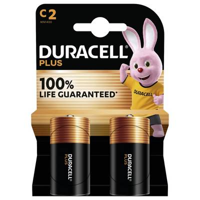 Verpakking van twee C2 Duracell Plus batterijen met '100% Levensduur Gegarandeerd' tekst en roze konijnmascotte op het etiket.