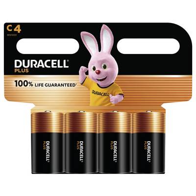'Duracell Plus C4 batterijenpakket met een roze konijnmascotte, gekleed in een geel shirt. De tekst luidt: 100% Life Guaranteed.'