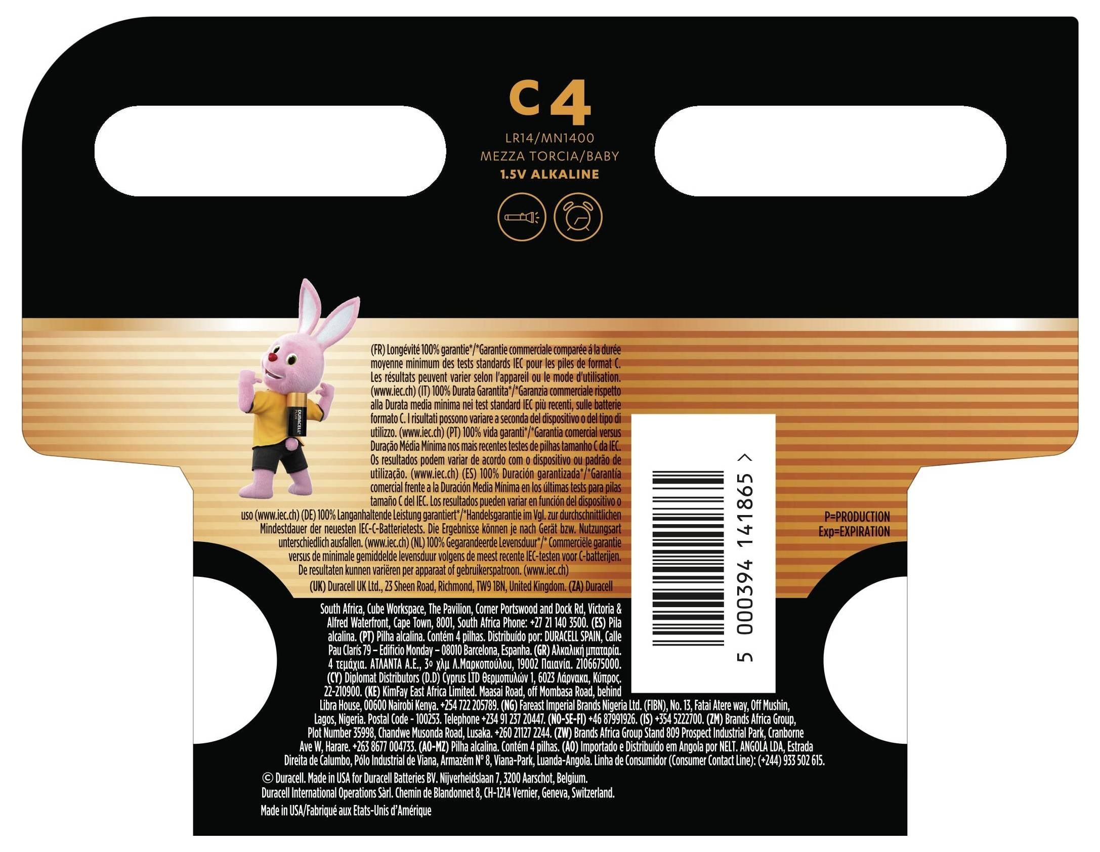 'Verpakking voor C4 1,5V alkalinebatterijen, met een roze konijnmascotte aan de linkerkant met tekst en streepjescode aan de rechterkant.'