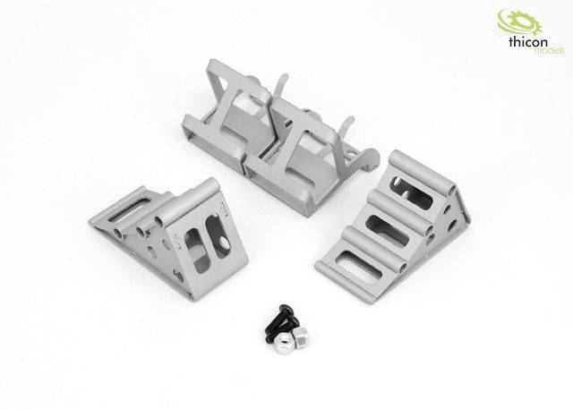 Metalen bevestigingsset bestaande uit vier zilveren hoeken en schroeven. Modulair ontwerp.