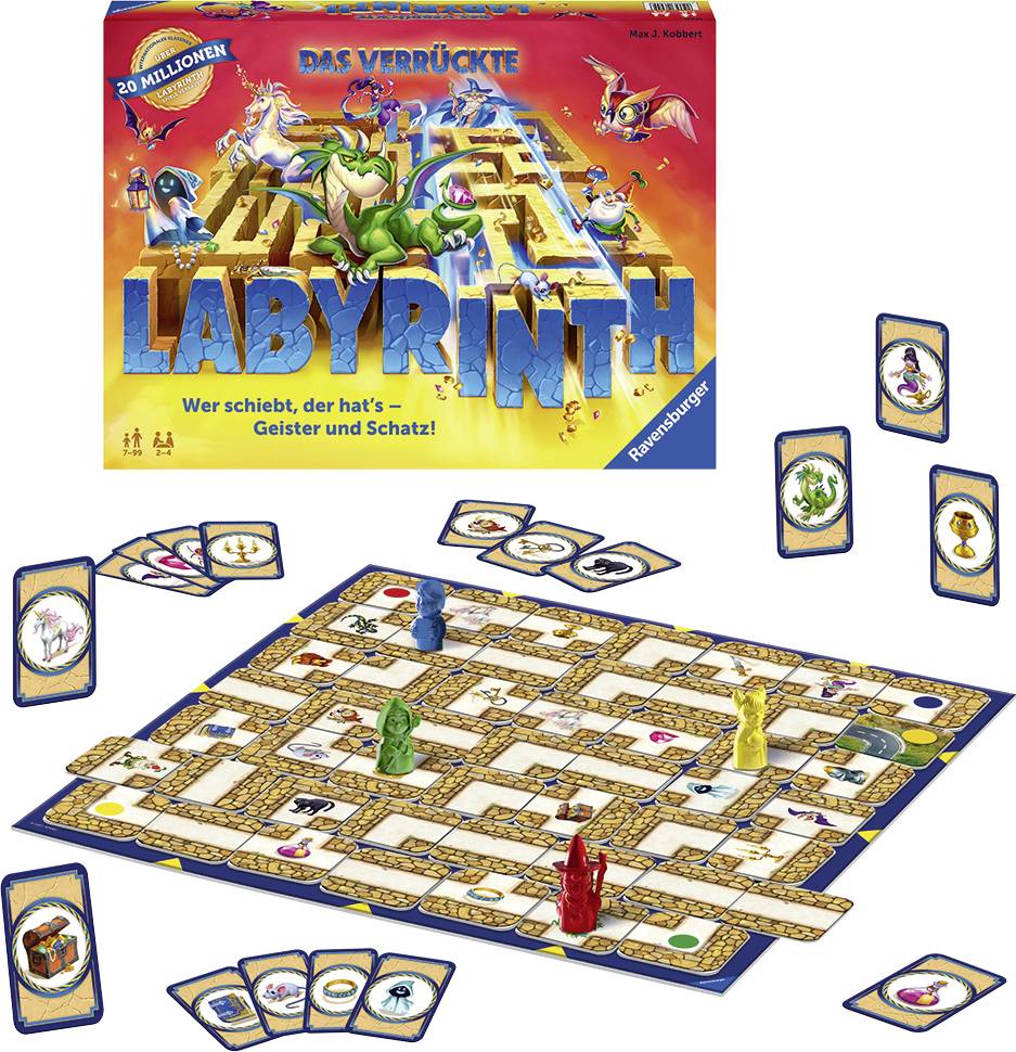 Bordspel 'Het Gekke Doolhof' met een verschuifbaar doolhof. Figuren bewegen zich naar schatten. Doel: schatten verzamelen.