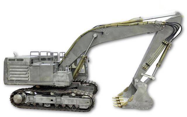 Graafmachine met hydraulische arm en schep op rupsonderstel, in grijze kleur.