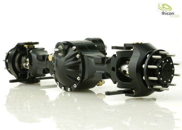 'Zwarte mechanische as met verschillende componenten, geschikt voor modelbouw, weergegeven op een reflecterende oppervlakte.'