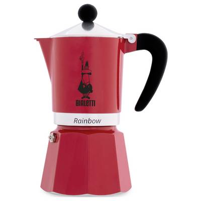 Rode stovetop espresso maker met een zwarte handgreep en zilveren bovenkant. Merk logo 'Bialetti' en tekst 'Rainbow' op de voorkant.