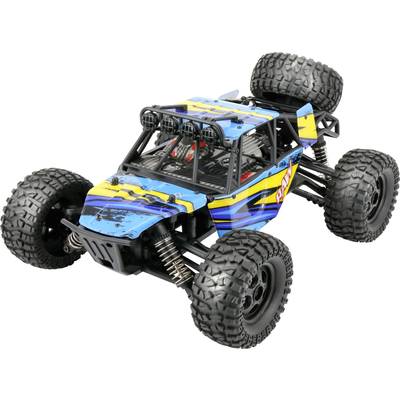 Een afstandsbediende auto met blauwe en gele lak. Het heeft grote, geprofileerde banden en een stevig chassis, geschikt voor oneffen terrein.