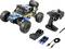 Afstandsbediend auto-set met blauw-geel modelauto, afstandsbediening, accu's, oplader, schroevendraaier en oplaadkabel.