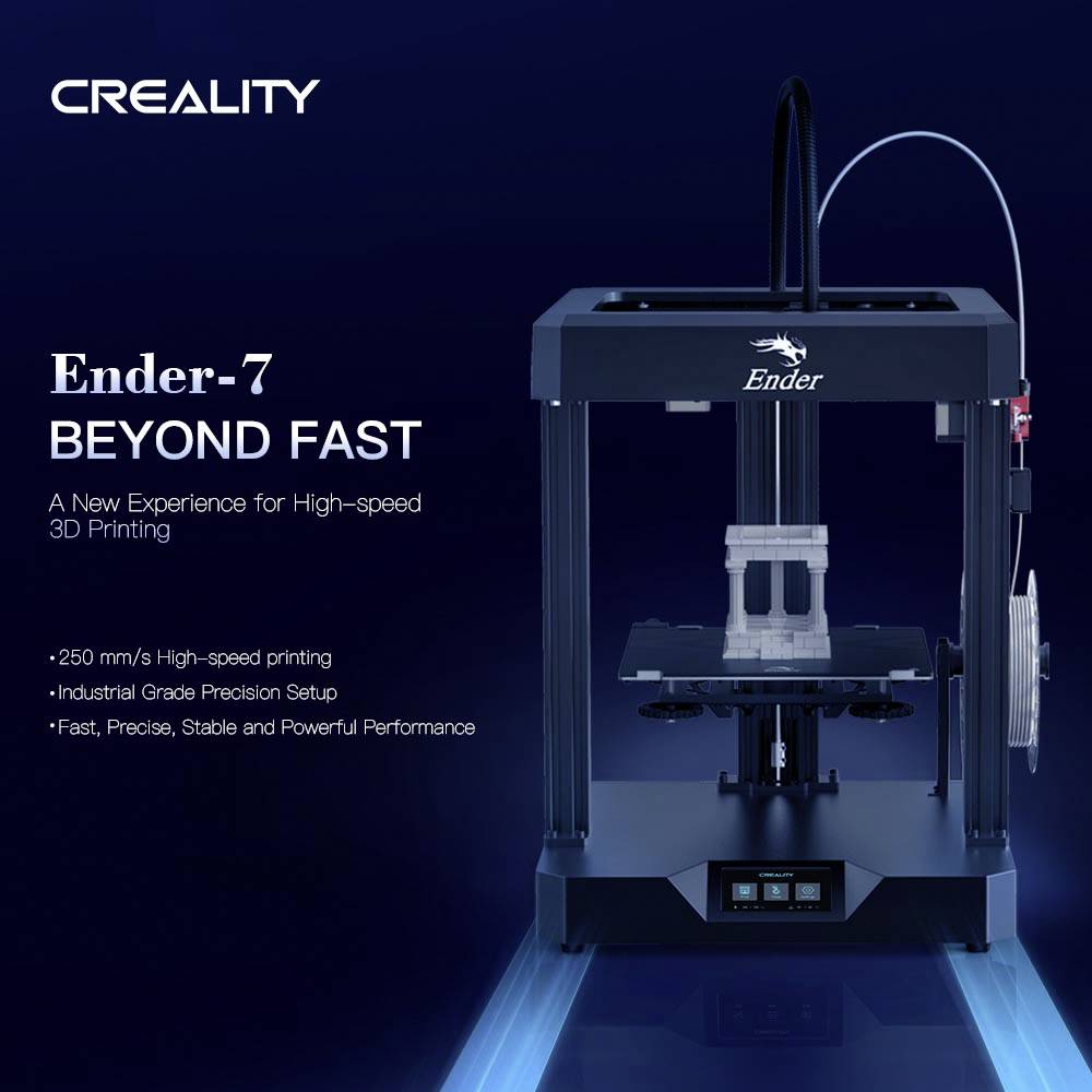 3D-printer-model Ender-7 van Creality met focus op hoge afdruksnelheid. Kenmerken: 250 mm/s snelheid, stabiliteit en prestatie.