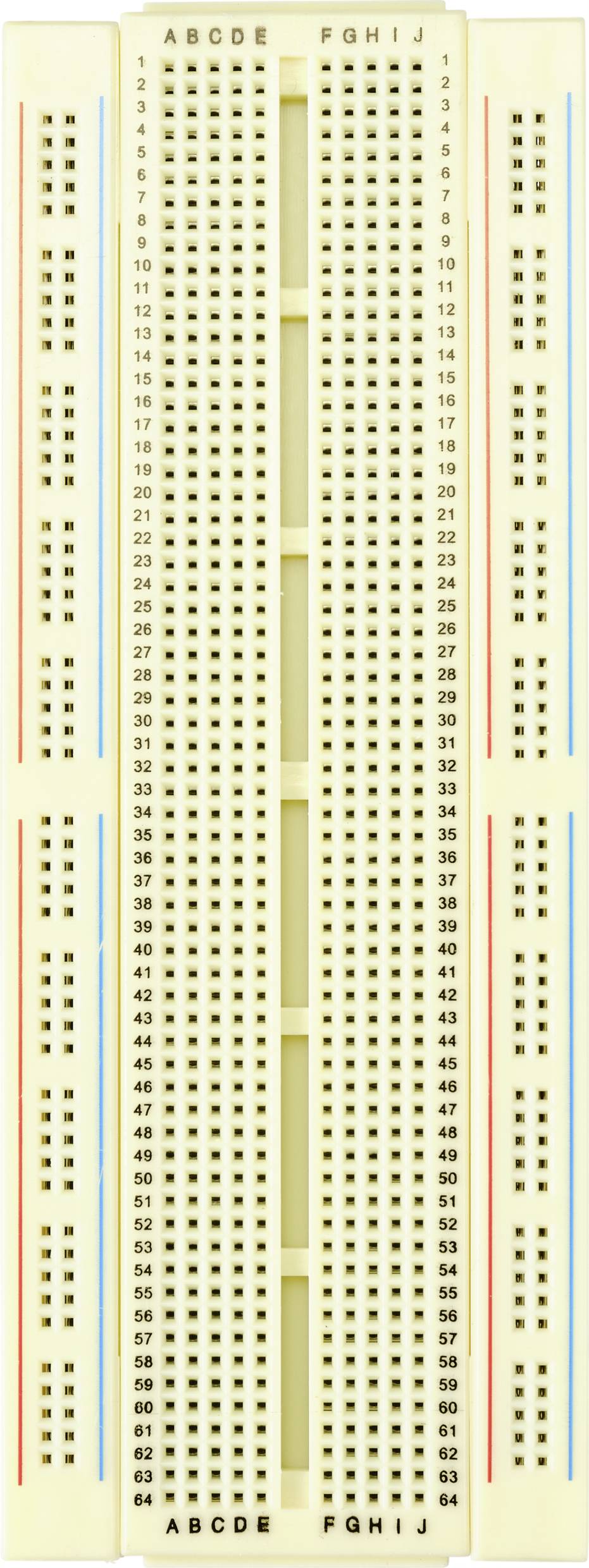 'Elektronisch breadboard met verticale en horizontale rijen gaten voor het opbouwen van schakelingen. Gemarkeerd met letters en cijfers.'
