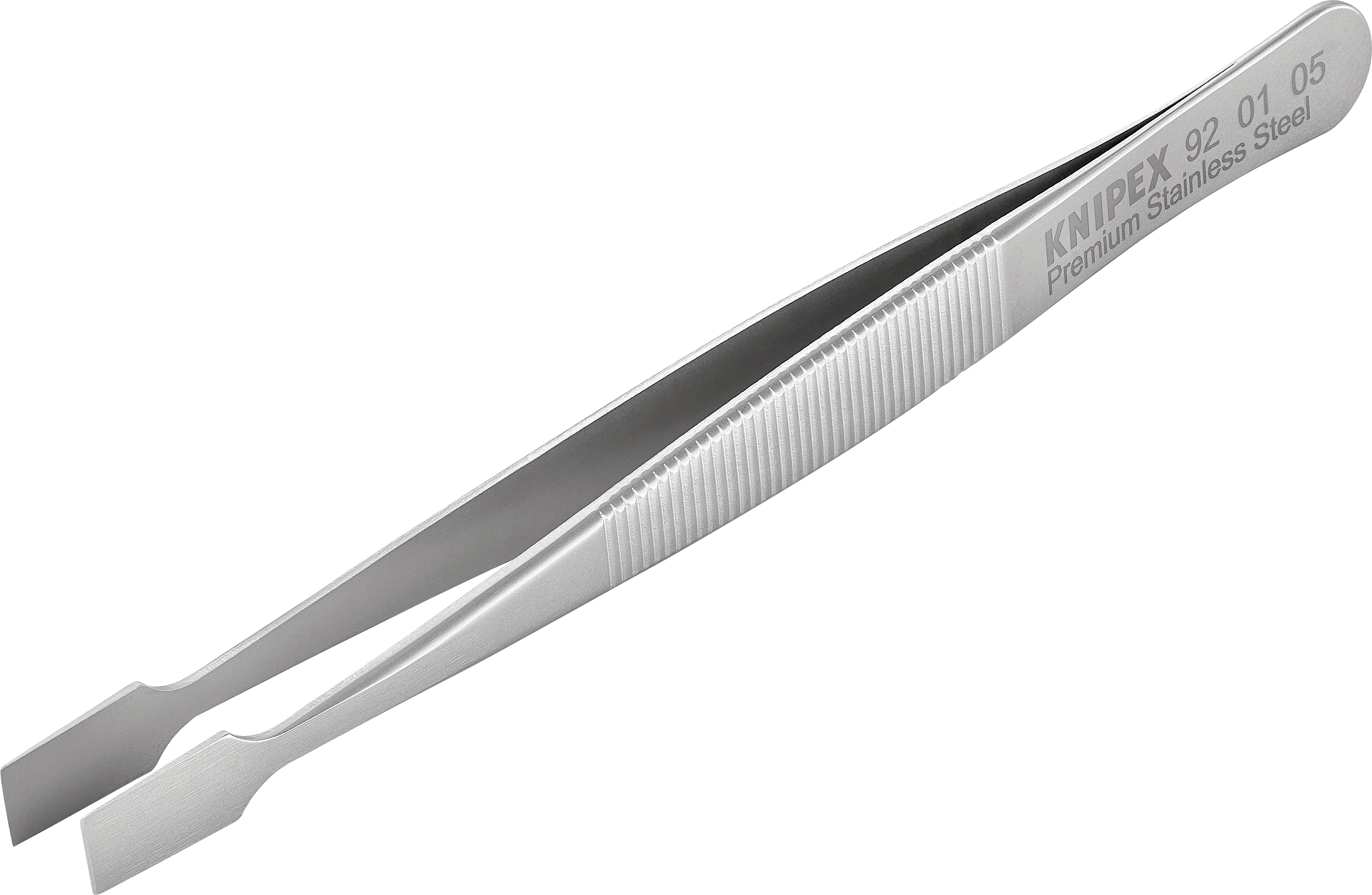 Een zilveren roestvrij stalen pincet met geribbelde greep, gegraveerd met de tekst 'KNIPEX 92 01 05 Premium Roestvrij Staal'.
