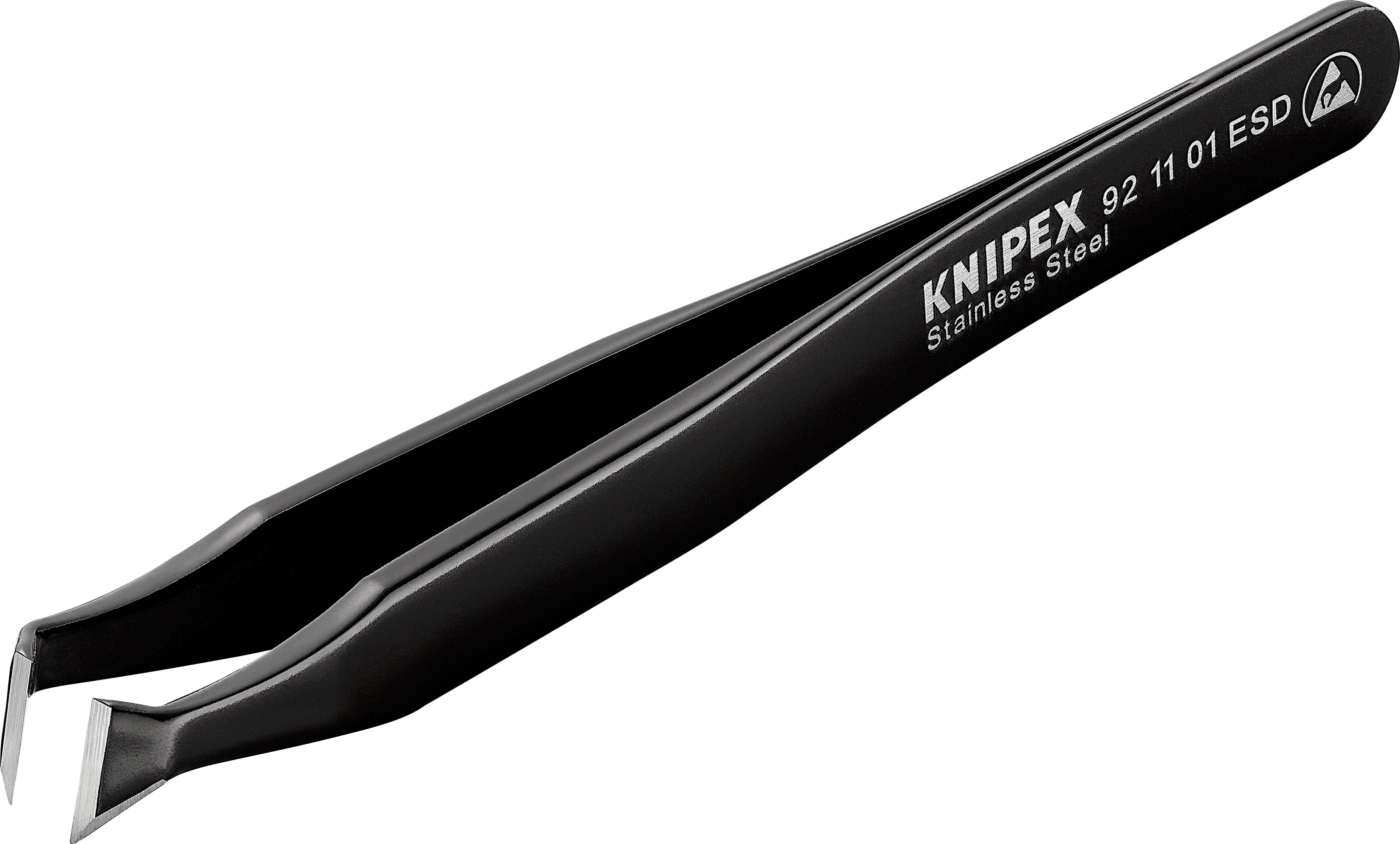 Zwarte roestvrij stalen pincet met schuine punt, gemarkeerd met 'KNIPEX Stainless Steel 92 11 01 ESD', geschikt voor gevoelige werkzaamheden.
