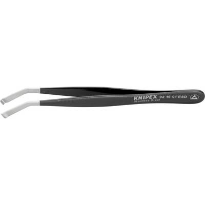 De afbeelding toont een gebogen roestvrij stalen pincet van Knipex met modelnummer 92 16 01 ESD.