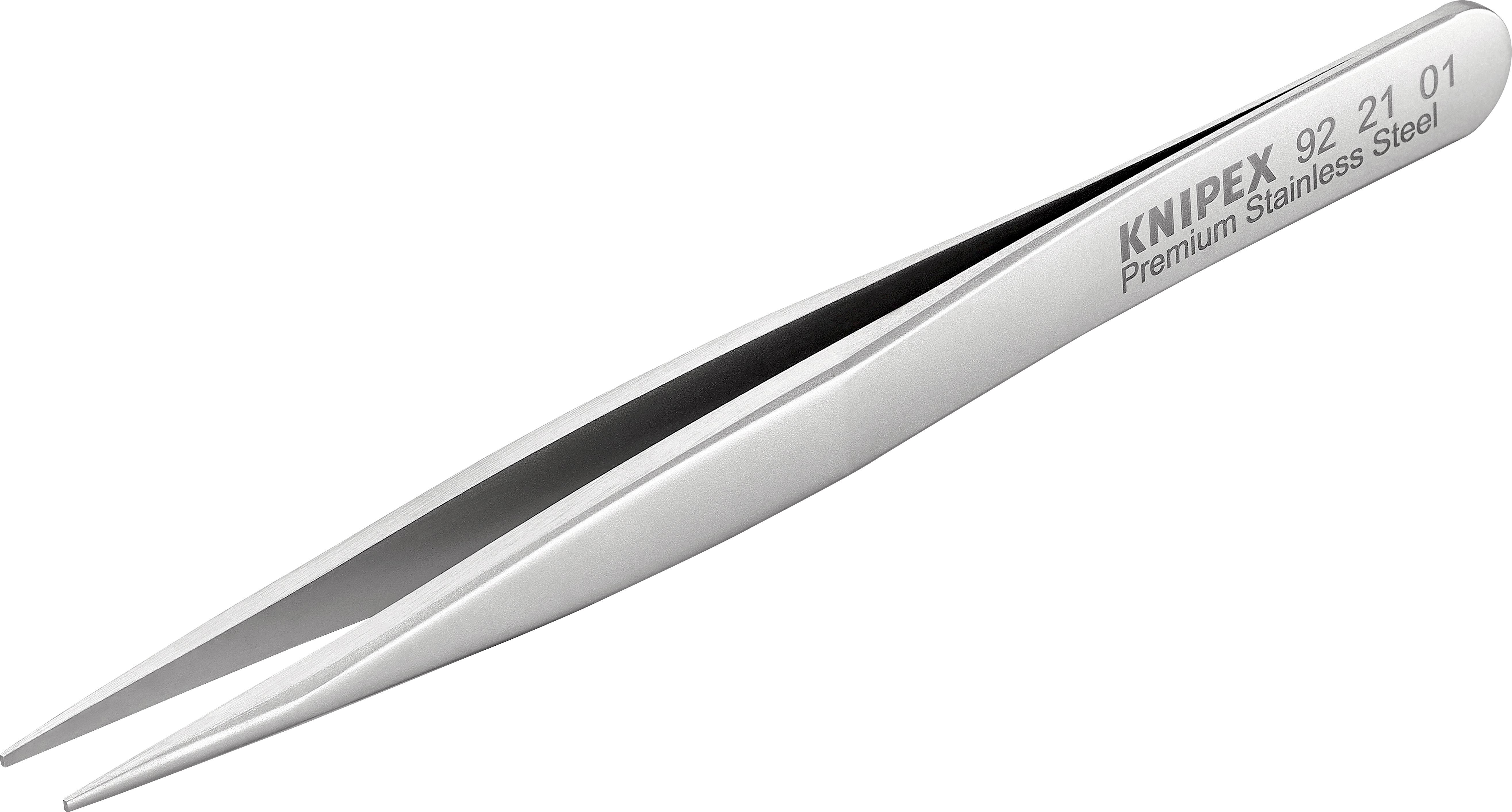 Een roestvrij stalen pincet met de opdruk 'KNIPEX 92 21 01 Premium Roestvrij Staal', slanke en precieze punten, ideaal voor nauwkeurig werk.
