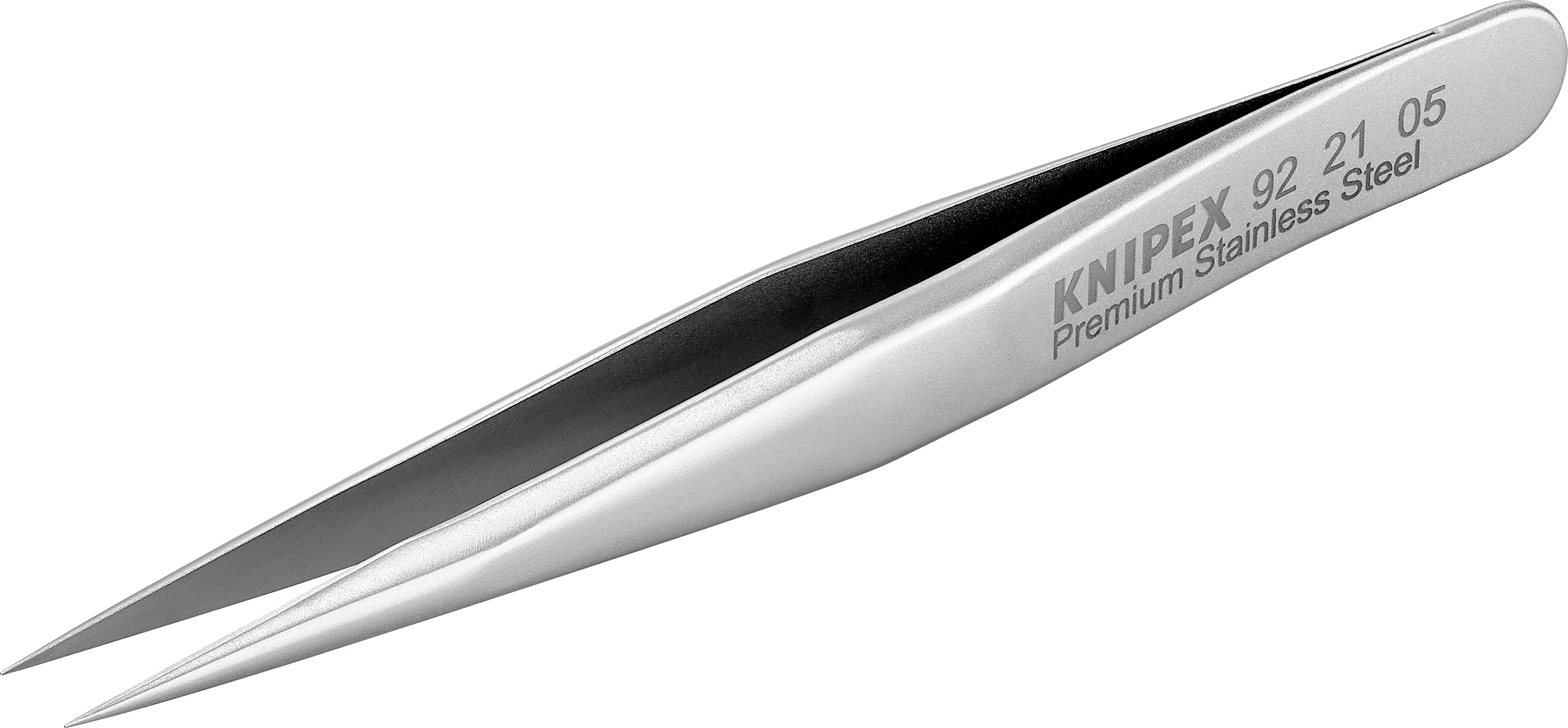 Een precisie-pincet van roestvrij staal met de opdruk 'KNIPEX 92 21 05 Premium Stainless Steel' aan de zijkant.