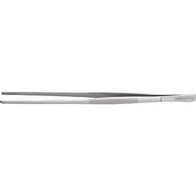 Een zilveren pincet van roestvrij staal, plat liggend, met gegroefde handgrepen voor een betere grip, geschikt voor precisiewerk.