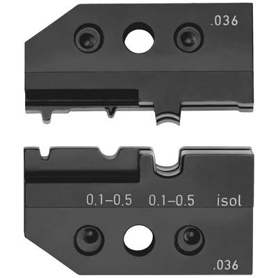 Twee zwarte metalen klemmen met gegraveerde getallen '.036' en '0.1–0.5'. Ideaal voor het isoleren van kabeldelen.