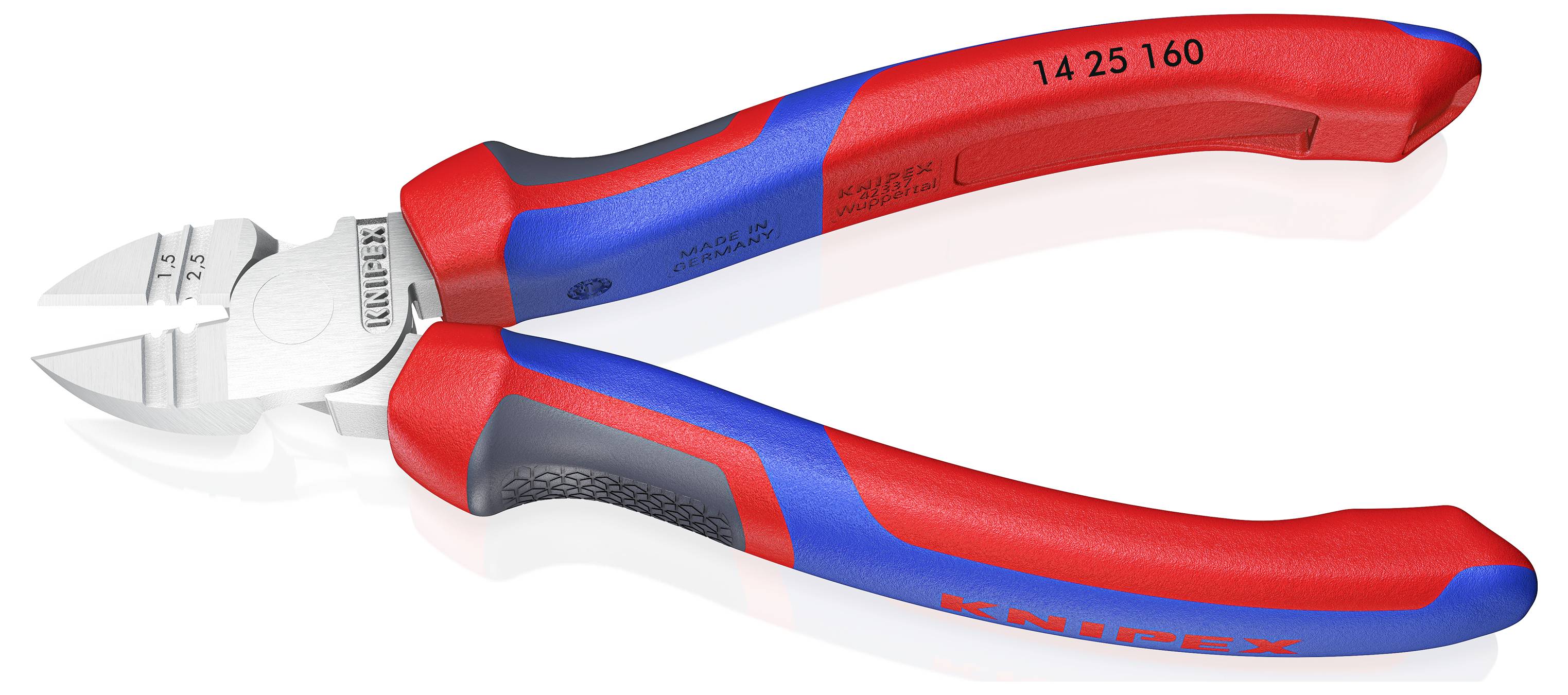 Zijkniptang met rood-blauwe handgreep, geschikt voor het doorknippen van draden en kabels. Ideaal voor klus- en elektrowerkzaamheden.