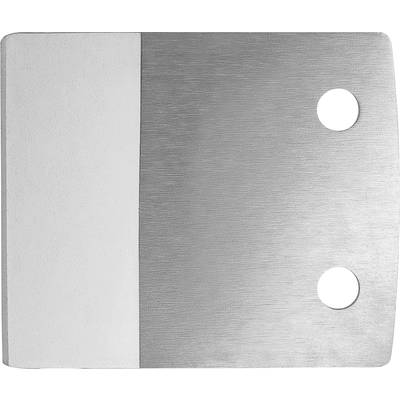 Een rechthoekige metalen plaat, half glanzend en half geborsteld, met twee ronde gaten aan de rechterkant.