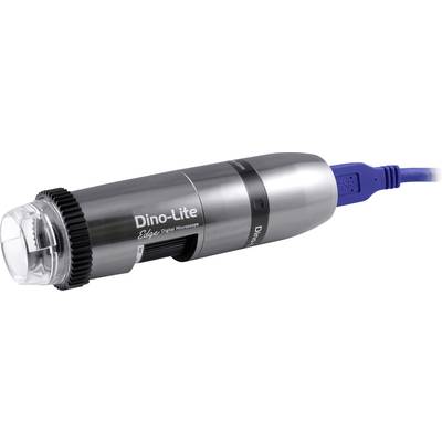 Een draagbaar digitaal microscoop met USB-aansluiting, in zilverkleurige cilindervorm en met een zwarte focusring, gemerkt met 'Dino-Lite'.