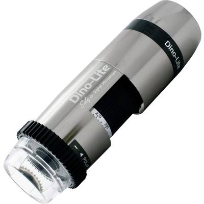 Digitale microscoop, cilindevormig, zilverkleurig, met transparant uiteinde en zwarte focusring. Opschrift: 'Dino-Lite'.