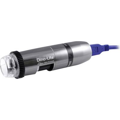 Digitale handmicroscoop in zilverkleurige cilindevorm, met opschrift 'Dino-Lite', blauw USB-kabel, geschikt voor close-ups en vergrotingen.