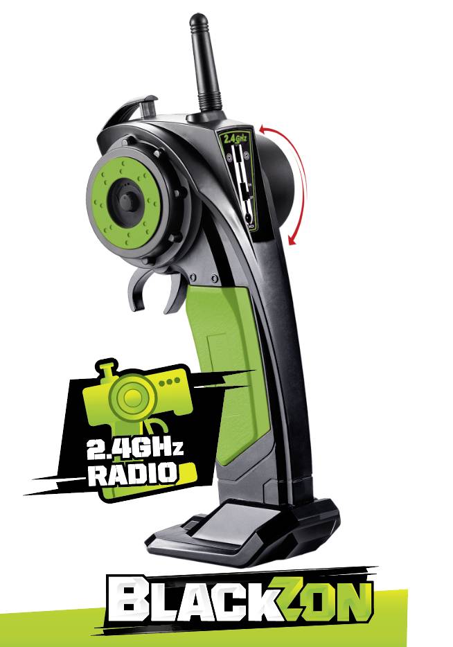 Afstandsbediening met groen en zwart design, 2,4 GHz Radio-logo onderaan, merk 'BLACKZON'.
