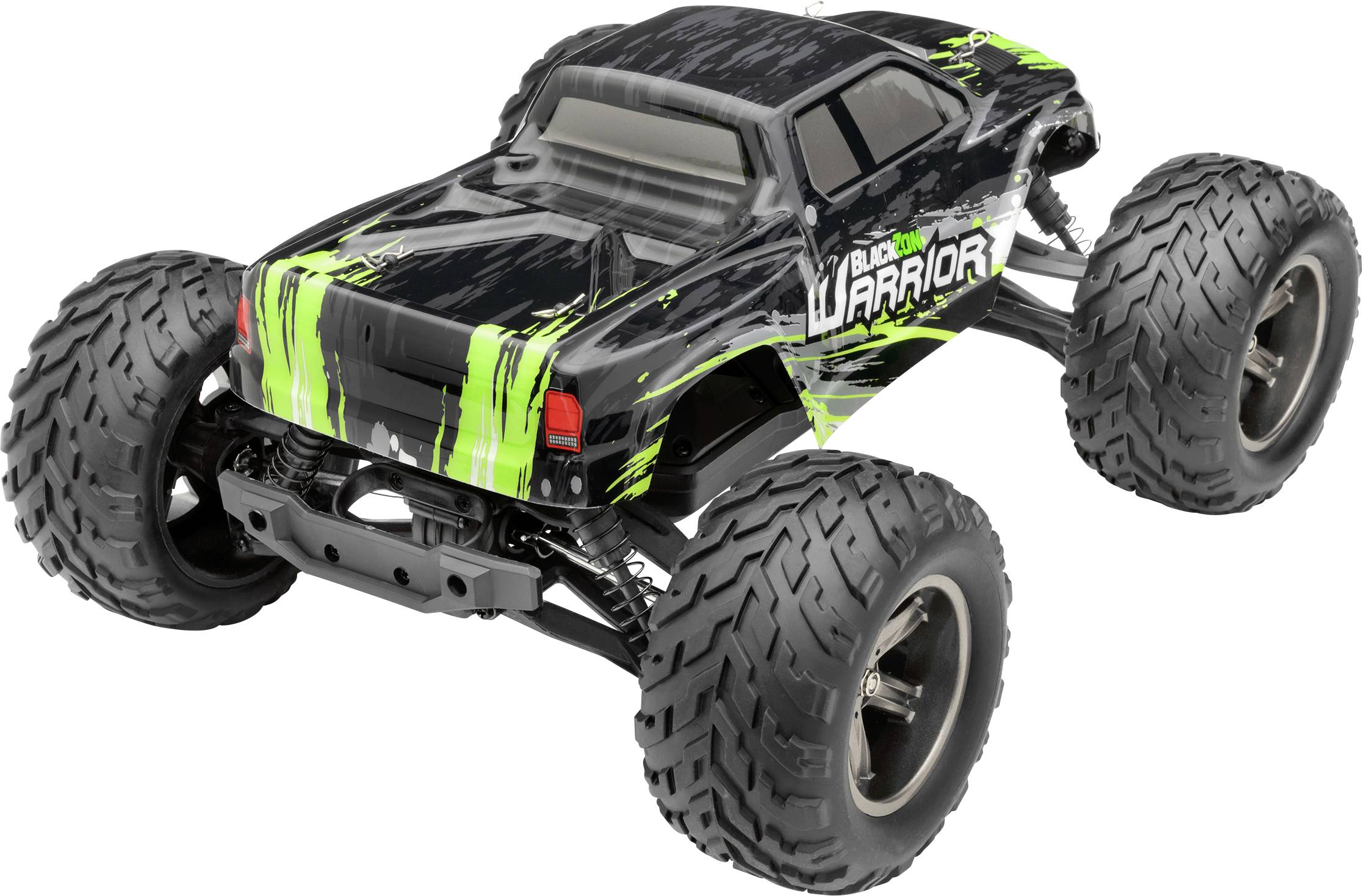 Zwart speelgoedautootje met groene accenten en de tekst 'Warrior' aan de zijkant, grote grove banden voor offroad-ritten.