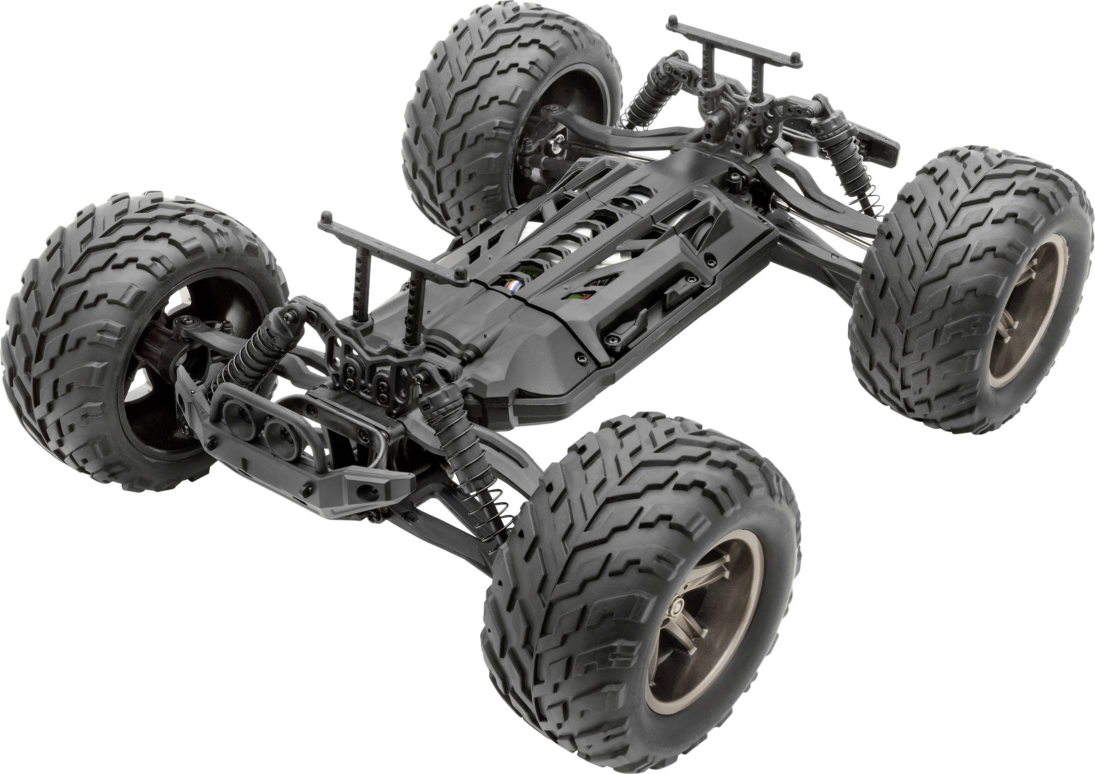 Een zwart op afstand bestuurd auto-chassis zonder carrosserie, met grote terreinbanden en zichtbare vering.