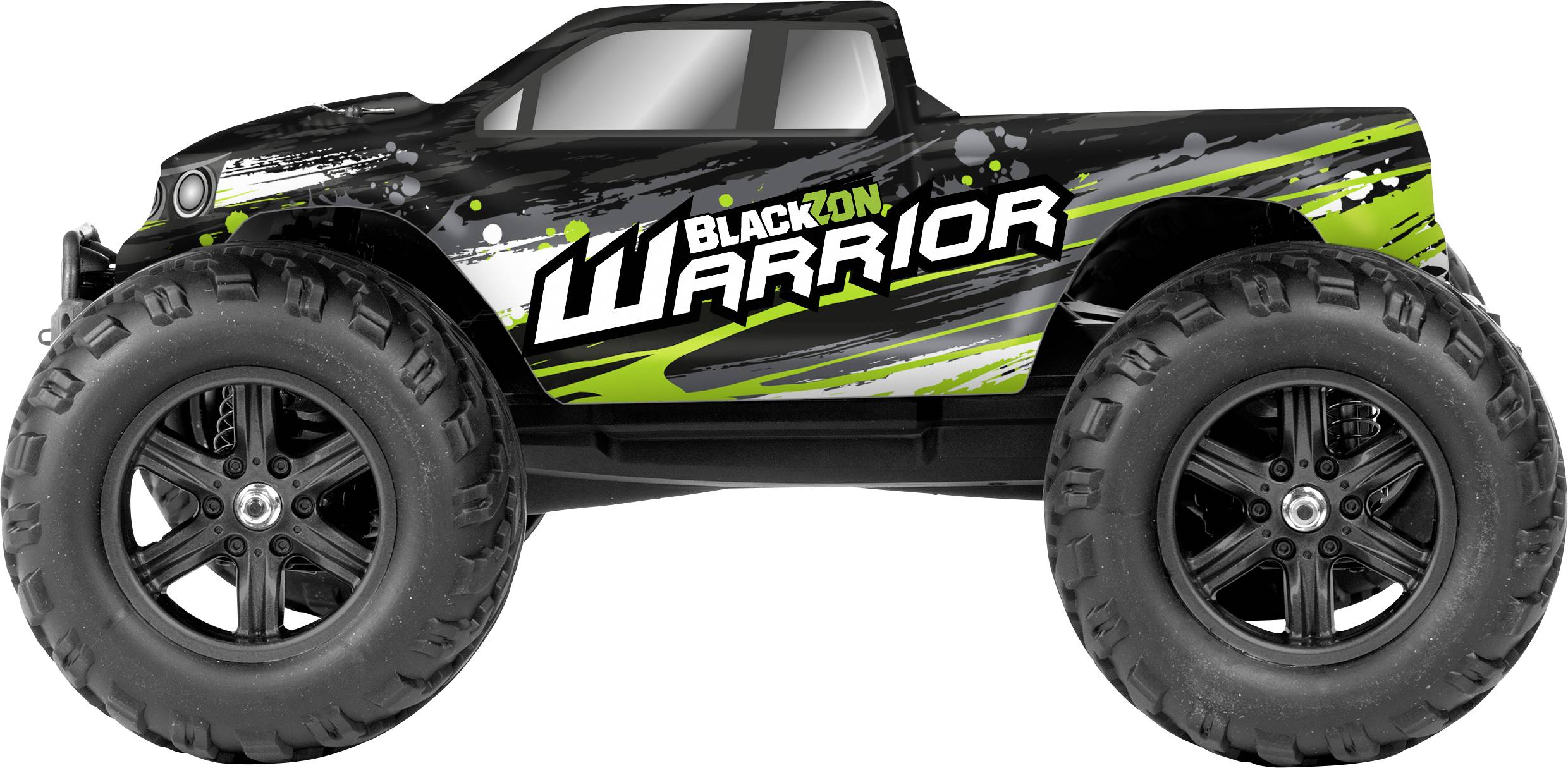 Een zwarte speelgoedauto met grote banden, voorzien van het opschrift 'BlackZon Warrior', toont een dynamisch design met groene en grijze accenten.