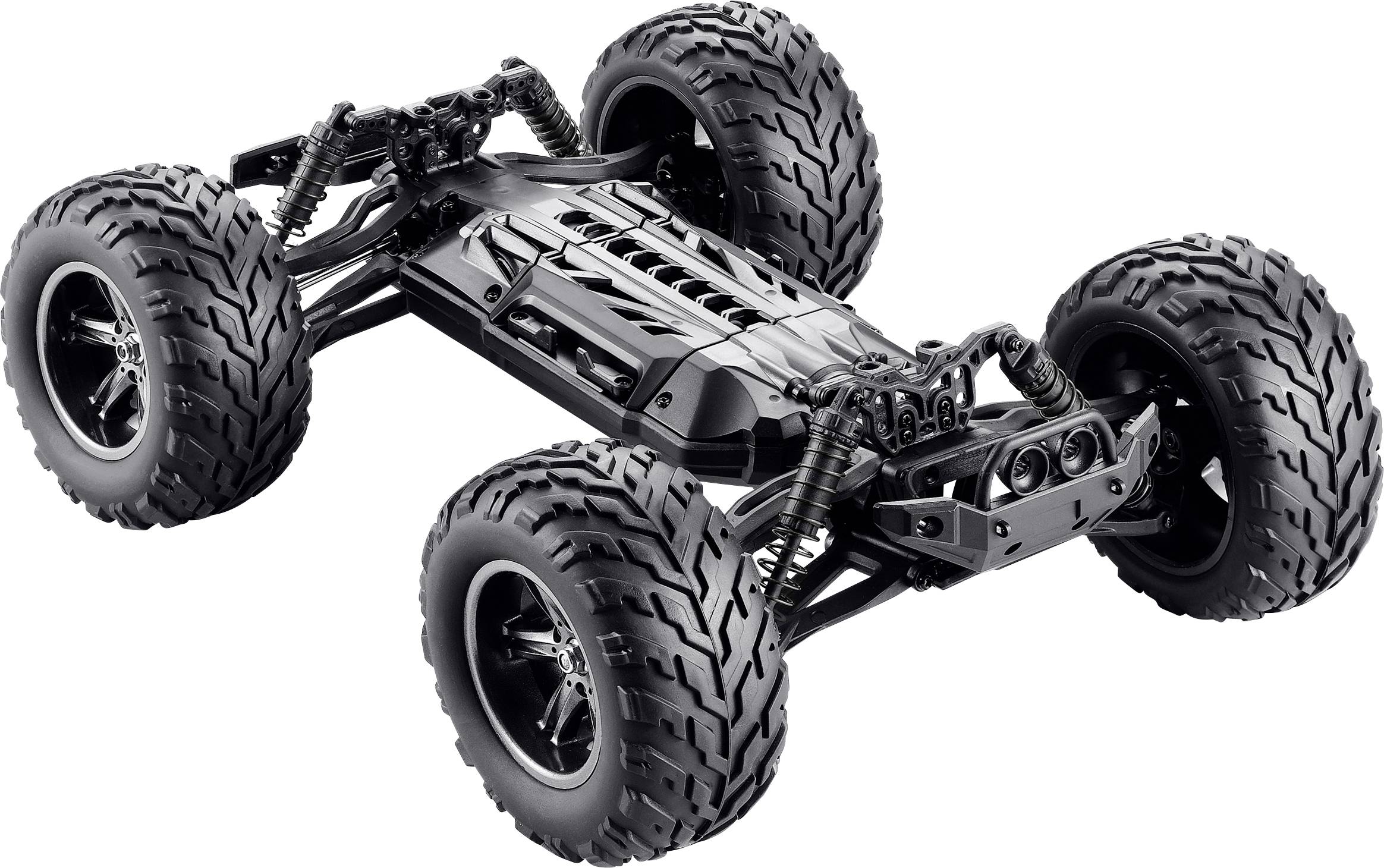 Afstandsbediende terreinwagen zonder carrosserie met grote, grove banden en robuuste vering voor offroad-avonturen.