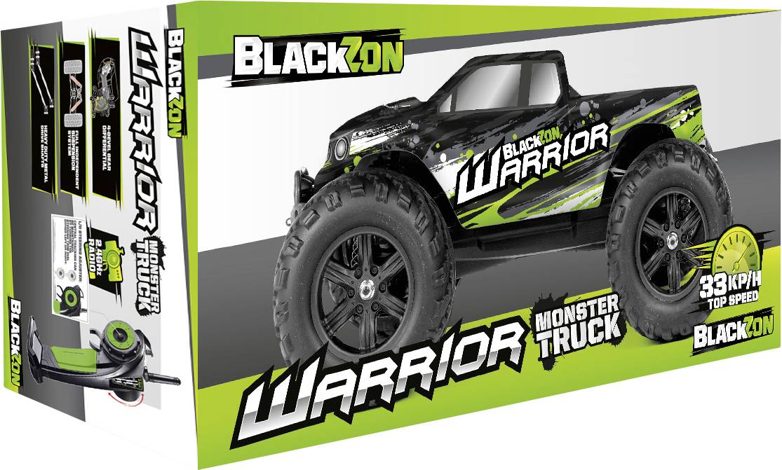 Speelgoedverpakking voor 'BlackZon Warrior Monster Truck' met afstandsbediening, zwart-groen design, maximumsnelheid 33 km/u.