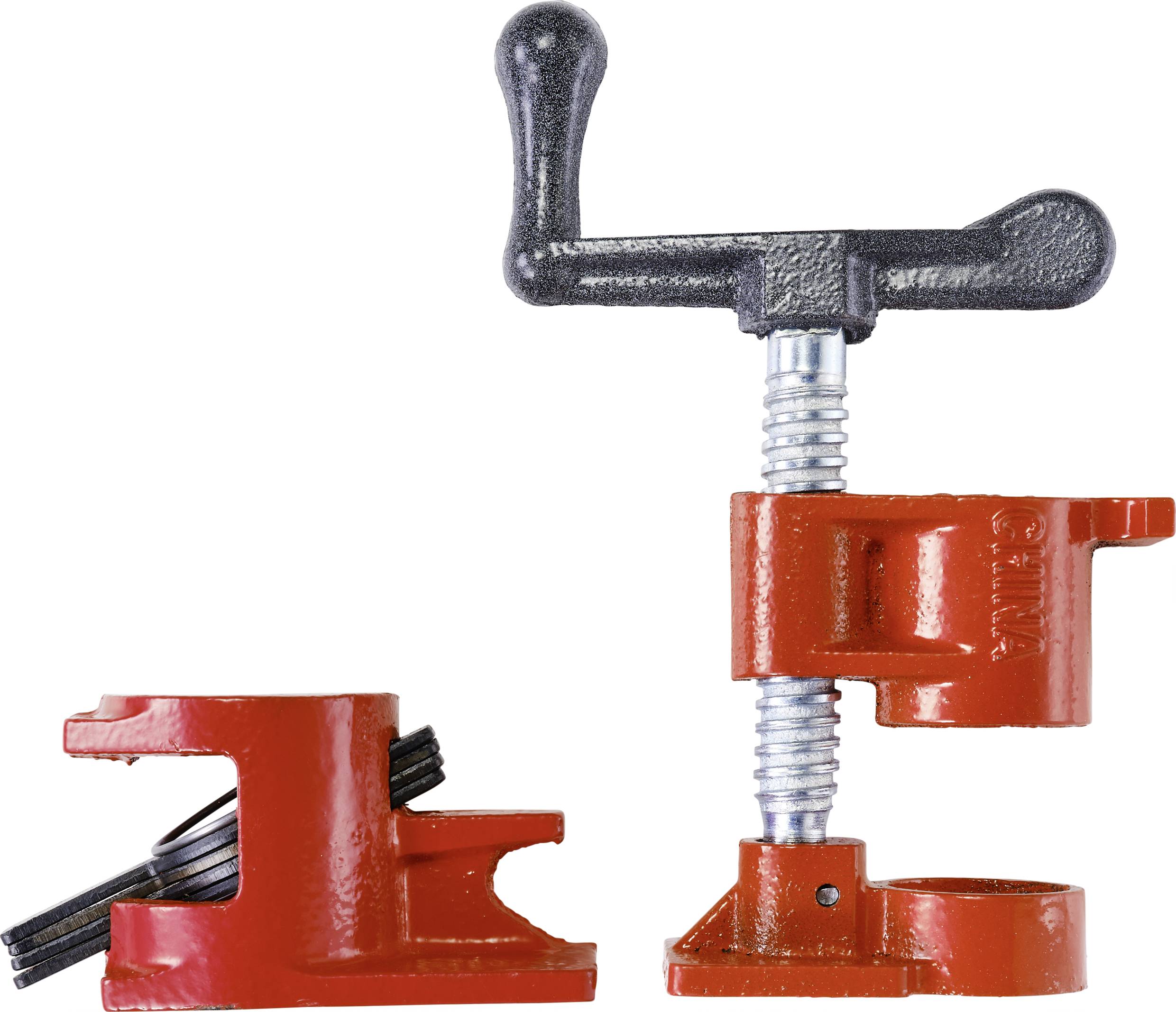 'Buisklem in rood en zwart, bestaande uit twee delen. Links: Onderste deel met spanbekken, rechts: Schroefklem met handgreep.'