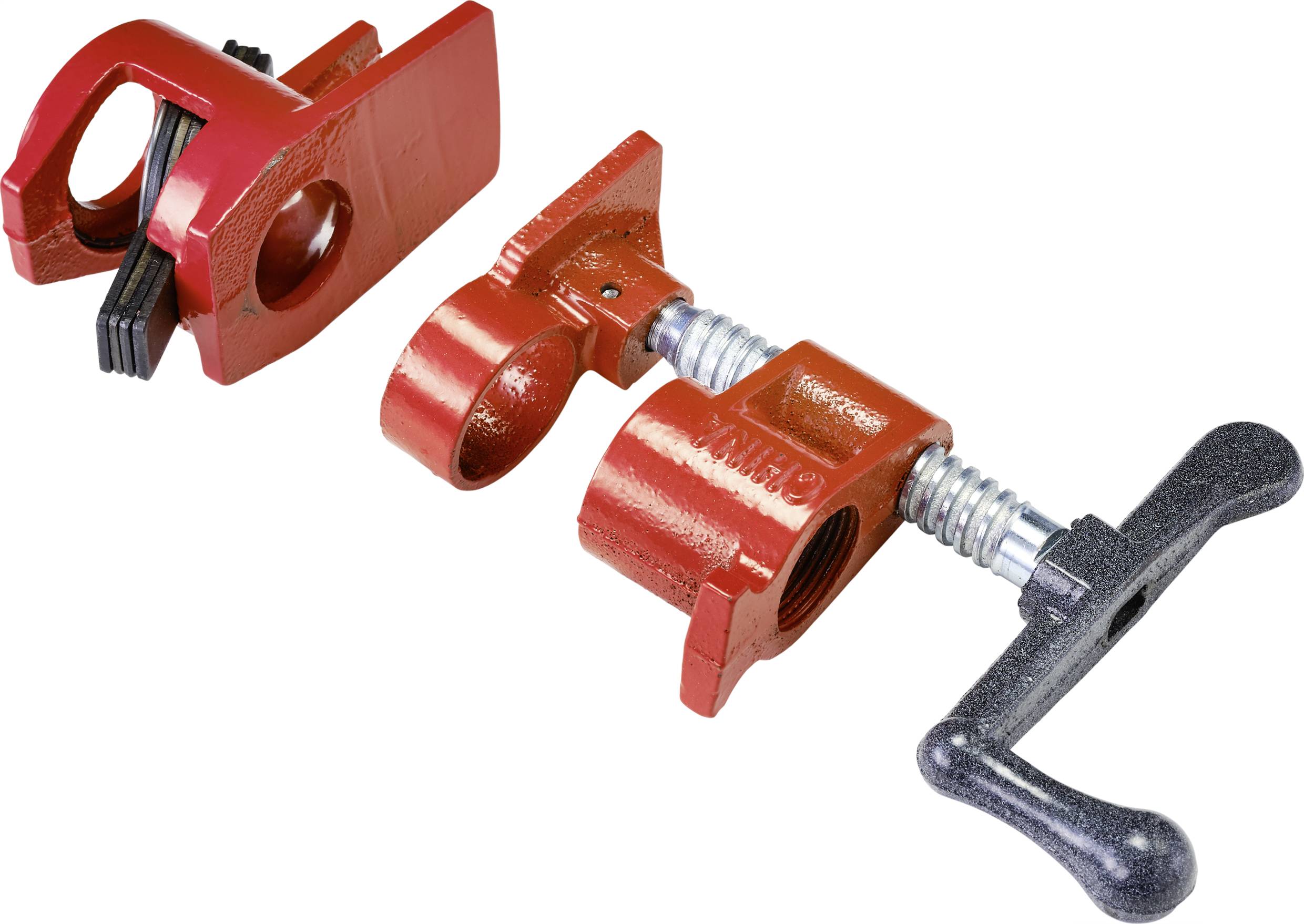 Metalen buisklem in het rood met een zwarte handgreep, bedoeld voor het verbinden van buizen of houten onderdelen bij houtbewerking.