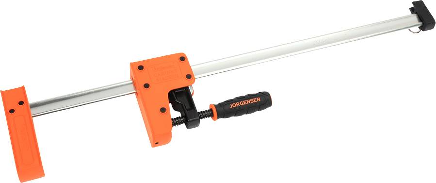 Een lange schroefklem met oranje handgrepen en een zwarte draaiknop waarop 'Jorgensen' staat. Geschikt voor het klemmen van werkstukken.
