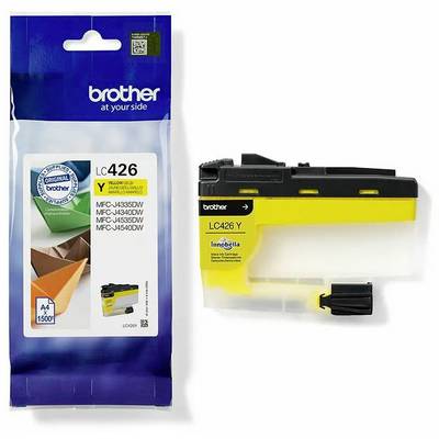 Gele Brother printercartridge LC426Y op witte achtergrond naast de verpakking; compatibel met MFC-J4335DW, MFC-J4340DW, MFC-J4540DW.