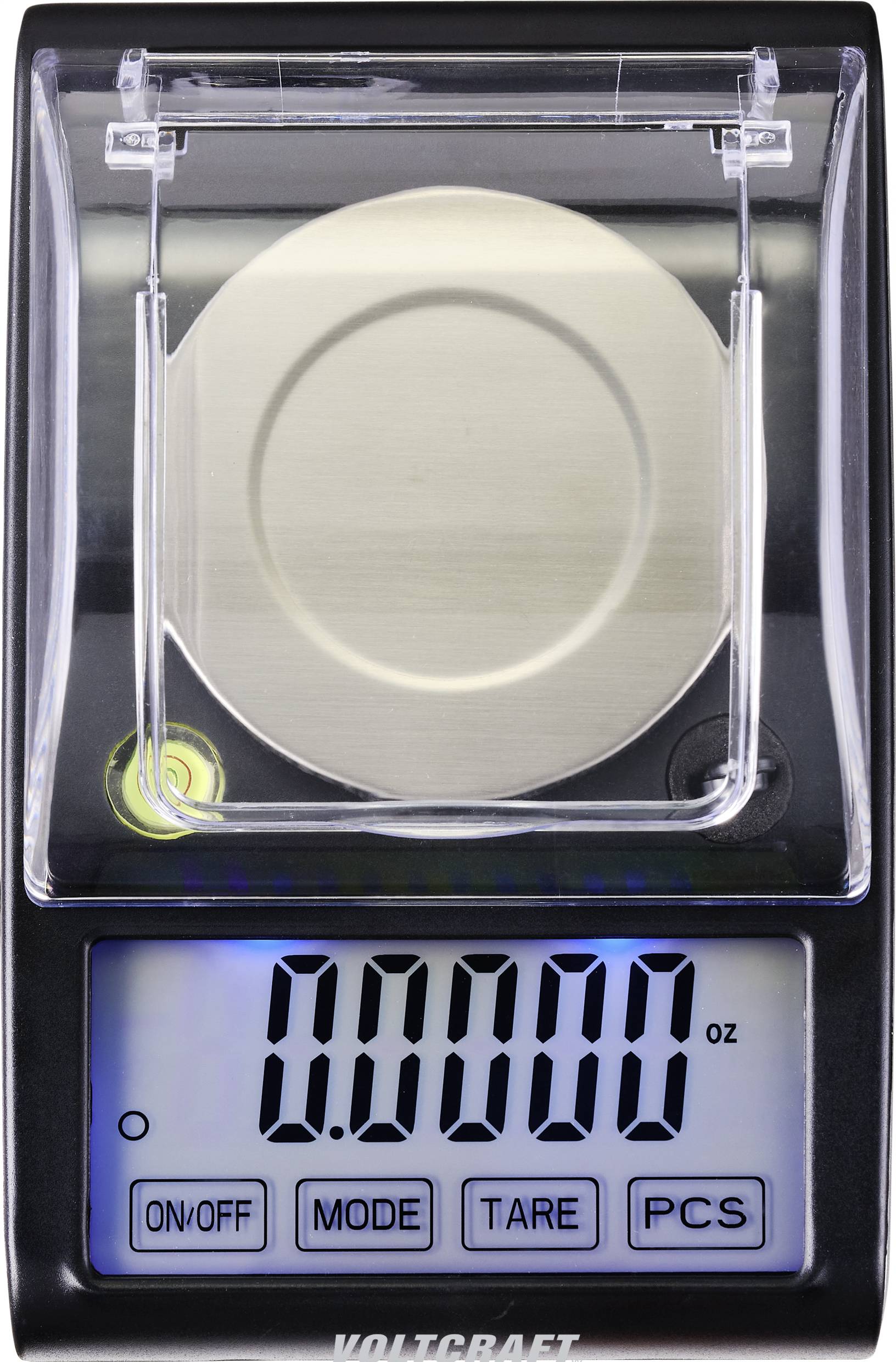 Een digitale weegschaal met verlicht display toont '0.000 oz'. Daaronder bevinden zich toetsen voor Aan/Uit, Modus, Tara en Stuktelling.