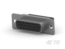 Een metalen D-Sub-connector met meerdere rijen gaten voor elektrische verbindingen, gemonteerd op een platte plaat.